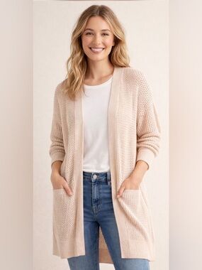 aerie L/XL Cream Open Knit Cardigan with Pockets
